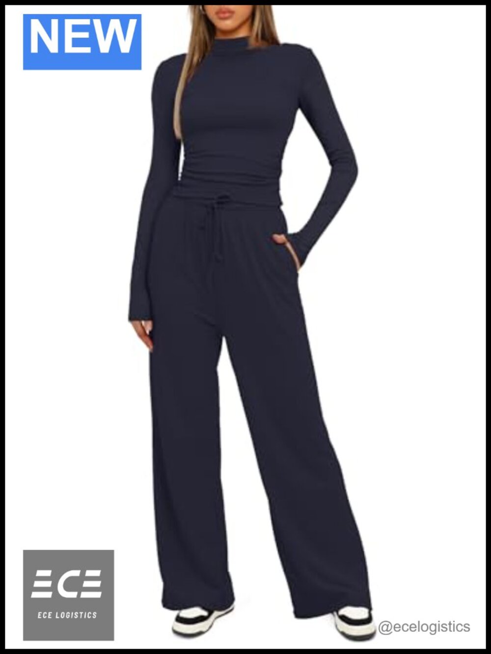 2 Piece Tracksuit Set Long Sleeve Mock Neck Top Wide Leg Pants 90% Rayon Spandex